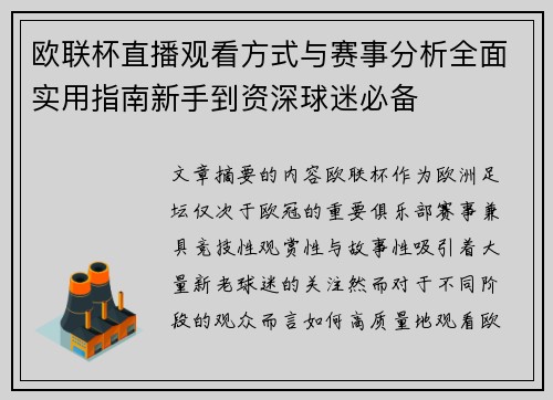 欧联杯直播观看方式与赛事分析全面实用指南新手到资深球迷必备 欧联杯直播观看方式与赛事分析全面实用指南新手到资深球迷必备